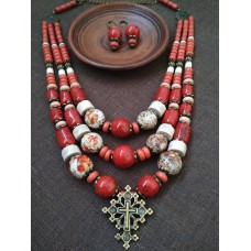 Necklace Zgarda of red/white ceramic beads and cross