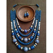 Necklace Korali of ceramic beads blue mix 5 threads