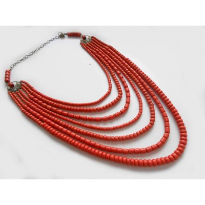 Necklace Korali of ceramic beads red 7 threads