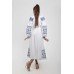 Boho Style Ukrainian Embroidered Maxi Broad Dress White with Dark Blue Embroidery