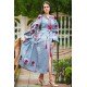 Boho Style Ukrainian Embroidered Maxi Dress "Roses" Gray with Red Embroidery