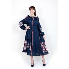 Boho Style Ukrainian Embroidered Maxi Broad Dress Dark Blue with White/Red Embroidery