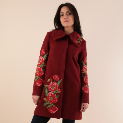 Embroidered coat "Poppy Bouquet" Plus size, cherry