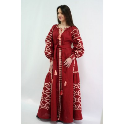 Boho Style Ukrainian Embroidered Maxi Broad Dress Red "Grace"