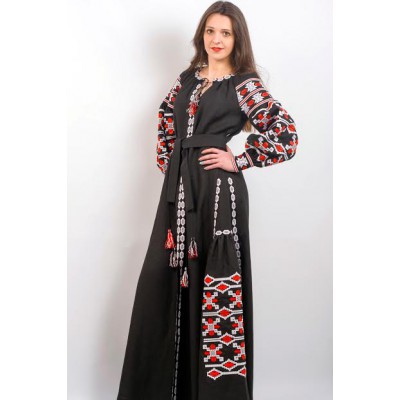 Boho Style Ukrainian Embroidered Maxi Broad Dress Black "Grace"