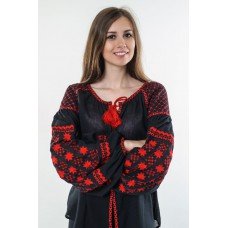 Boho Style Ukrainian Embroidered Folk  Blouse "Starry Sky" red on black