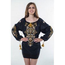 Boho Style Ukrainian Embroidered Folk  Blouse "Magic Herbs" golden on black