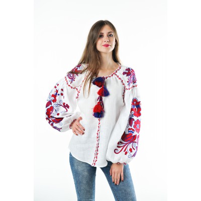 Boho Style Ukrainian Embroidered Folk  Blouse "Boho Birds" red on white