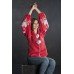 Boho Style Ukrainian Embroidered Folk  Blouse "Boho Birds" gray on red