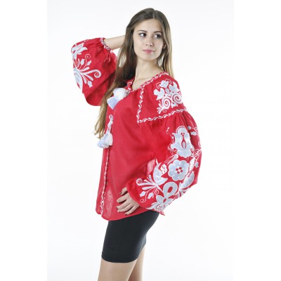 Boho Style Ukrainian Embroidered Folk  Blouse "Boho Birds" gray on red