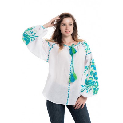 Boho Style Ukrainian Embroidered Folk  Blouse "Boho Birds" blue/green on white