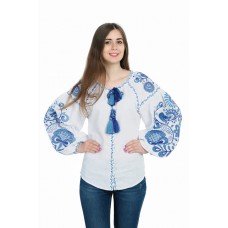 Boho Style Ukrainian Embroidered Blouse "Tree of Life" blue on white