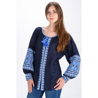 Boho Style Ukrainian Embroidered Blouse "Carpathian Flower" blue on navy