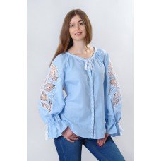 Boho Style Ukrainian Embroidered Blouse "Richelieu" gentle blue