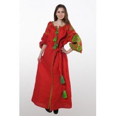 Boho Style Ukrainian Embroidered Dress "Boho Flowers" green on red 