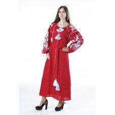 Boho Style Ukrainian Embroidered Dress "Boho Birds Plus" white on red 