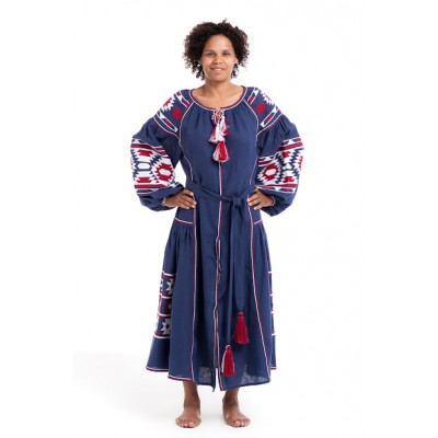 Boho Style Ukrainian Embroidered Dress "Sunrise" white/red on navy blue