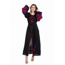 Boho Style Ukrainian Embroidered Dress "Boho Birds" red on black