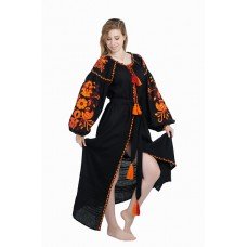 Boho Style Ukrainian Embroidered Dress "Fiery Bird" orange on black