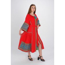 Boho Style Ukrainian Embroidered Dress "Carpathian Flower" blue on red