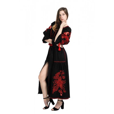 Boho Style Ukrainian Embroidered Dress "Richelieu" maxi red on black