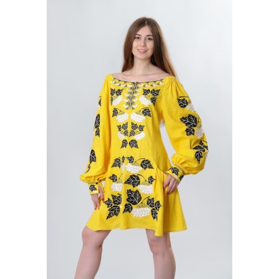 Sleeveless Ukrainian Embroidered Mini Dress "Kalyna" yellow