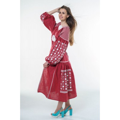 Boho Style Ukrainian Embroidered Dress "Starry Sky" white on maroon 