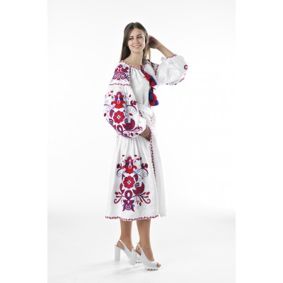 Boho Style Ukrainian Embroidered Dress "Boho Birds Plus" red on white 