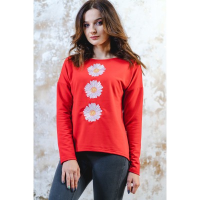 Embroidered sweatshirt "Bouquet of Chamomiles" red