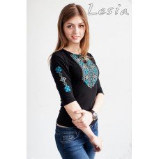 Embroidered t-shirt with 3/4 sleeves "Lace" turquose on black