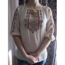Embroidered  blouse "Oriental Curves Brown on White 1/2 sleeves"