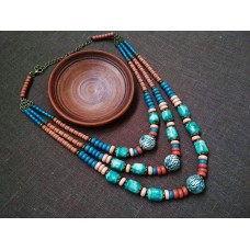 Necklace Patsyorka of ceramic beads turquoise 3 threads