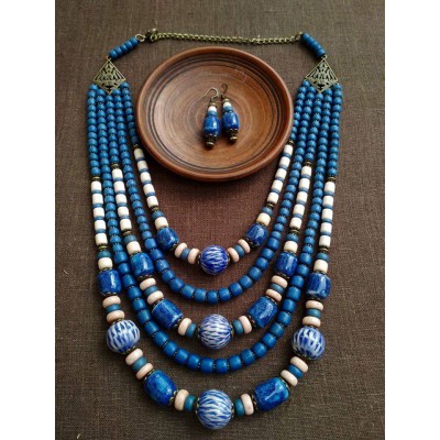 Necklace Korali of ceramic beads blue mix 5 threads