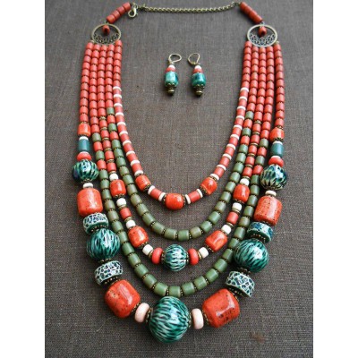 Necklace Korali of ceramic beads exotic mix 5 threads