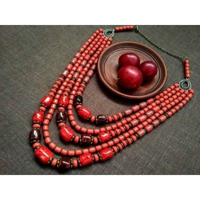 Necklace Korali of ceramic beads red mix 5 threads