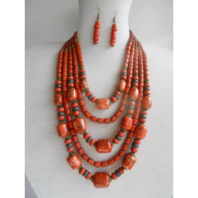 Necklace Korali of ceramic beads orange mix 5 threads