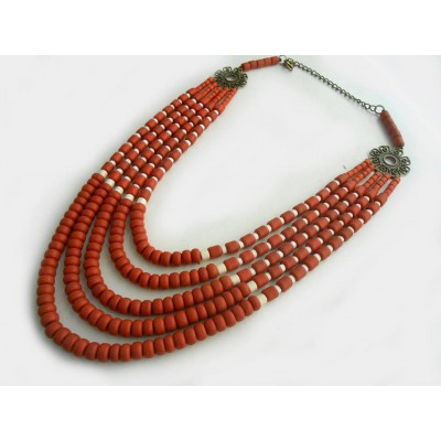 Necklace Korali of ceramic beads red 5 threads 2