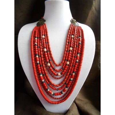 Necklace Korali of ceramic beads red/black 9 threads 2