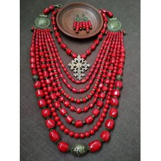 Necklace Namysto and earrings of real different size corals 7+1 threads and bronze cross