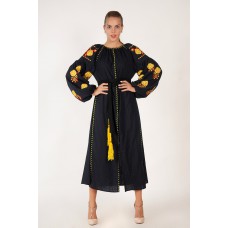 Boho Style Ukrainian Embroidered Midi Broad Dress Black with Yellow Embroidery