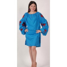 Boho Style Ukrainian Embroidered Mini Dress Blue with Red Embroidery