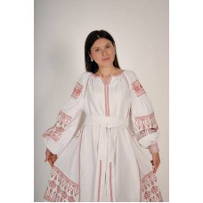 Boho Style Ukrainian Embroidered Midi Broad Dress White with Red Embroidery