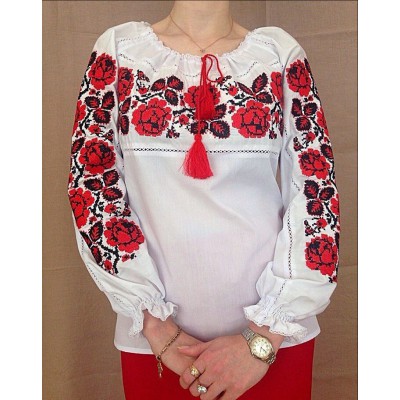 Embroidered blouse "Red Roses on White"