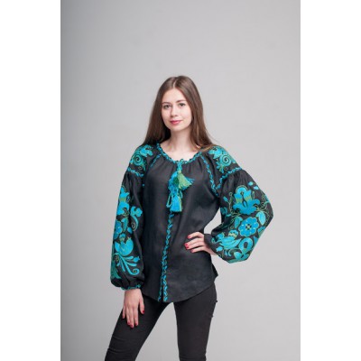 Boho Style Ukrainian Embroidered Folk  Blouse "Boho Birds" blue/green on black