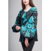 Boho Style Ukrainian Embroidered Folk  Blouse "Boho Birds" blue/green on black