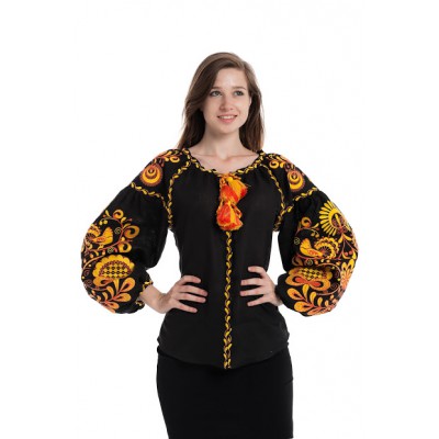 Boho Style Ukrainian Embroidered Folk  Blouse "Life Tree" orange on black