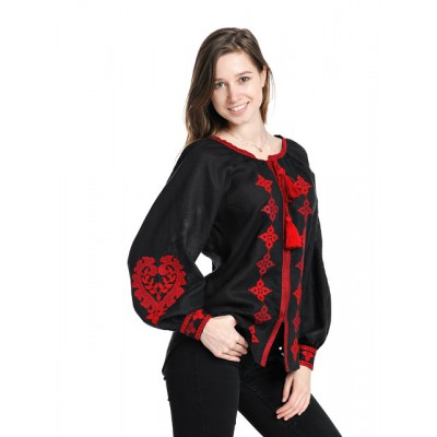 Boho Style Ukrainian Embroidered Blouse "Heart" red on black