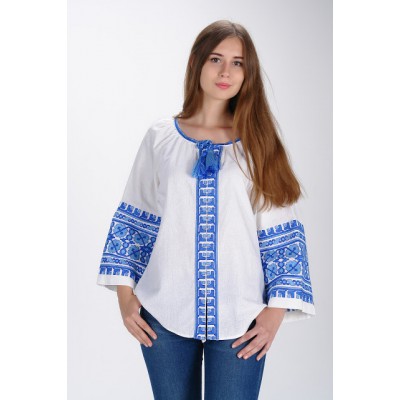 Boho Style Ukrainian Embroidered Blouse "Carpathian Flower" blue on white