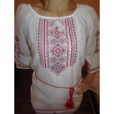 Embroidered  blouse "Fantastic Flowers Red on White 1/2 sleeve"